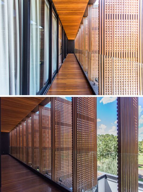 F: POLES architecture have designed the A.B Residence, a new and modern house that's located in Brazil, and features wood screens on its exterior. #WoodScreens #ModernArchitecture #ModernHouse Modern Tropical Home, House Moodboard, Solar Shading, Modern Tropical House, Tropical House Design, Timber Slats, Tropical Home, Modern Architecture Interior, Wood Screens