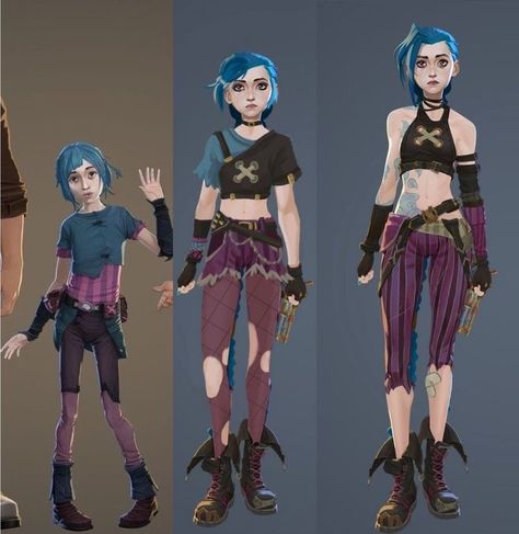 Arcane Outfit Design, Arcane Female Characters, Arcane Outfits Female, Jinx Arcane Character Design, Jinx New Design, Jinx And Silo, Arcane Genderbend, Jinx Arcane Outfit, Arcane Oc Outfits