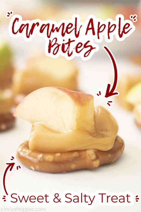 These Caramel Apple Bites are sweet, salty, crunchy and so tasty! They are made with just 4 simple ingredients, apples, caramels and pretzels. Perfect treat or snack for fall. Pretzel Caramel Apple Bites, Caramel Apple Pretzel Bites, Apple Snack Recipes, Caramel Apple Pie Cookies, Apple Bites Recipe, Apple Pretzels, Caramel Apple Bites, Apple Bites, Pretzel Bites Recipes