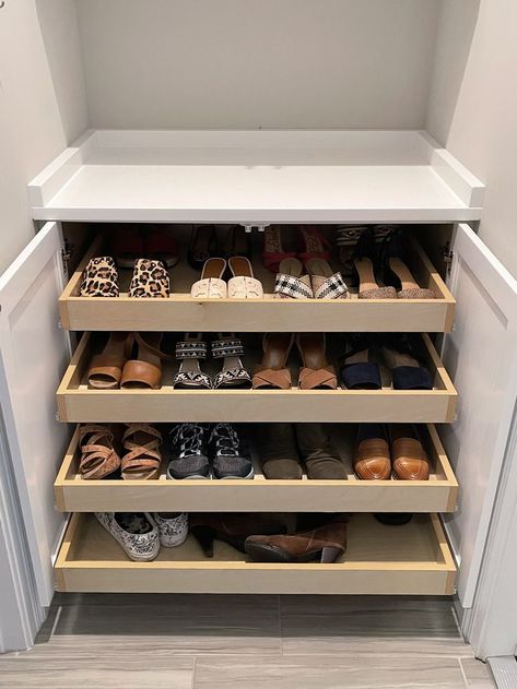 Diamonds are a girl’s best friend – but a shoe closet is the next best thing! One of our customers wanted to surprise his wife, so we stealthily measured a nook by his homes garage door exit, and a few weeks later, in a few hours we installed everything. When the Mrs. arrived, she was met with her new shoe storage cabinet. Shoe Storage Built In, Closet Design Layout Shoes, Building A Shoe Cabinet, Built In Shoe Storage Closet, Shoe Storage In Closet, Closet With Shoe Storage, Wardrobe Shoe Storage, Closet Shoe Storage Ideas, Shoe Rack Cupboard