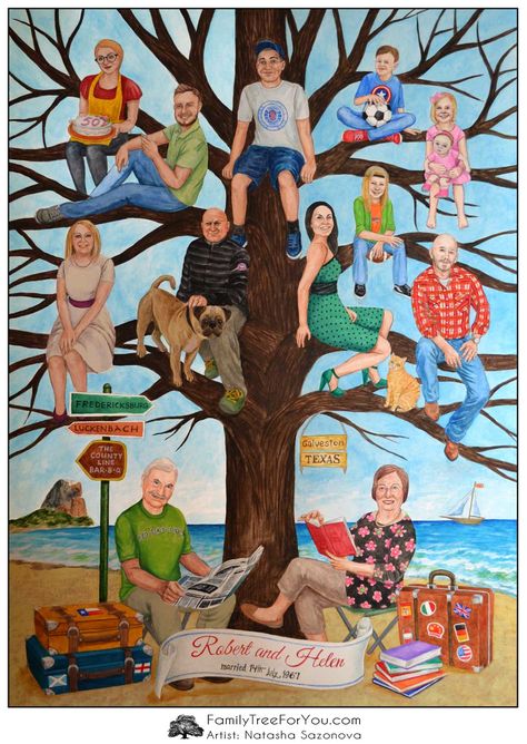 Family tree gift for parents from kids.  Custom family tree painting created as a meaningful 50th wedding anniversary gift that's about family.  The painting reflects family members' hobbies, personalities and favorite past times. Art About Family, Family Tree Ideas For Kids, Creative Family Tree Ideas, Gifts For Parents Anniversary, Creative Family Tree, Family Tree Ideas, Illustrated Family Portrait, Family Tree Craft, Good Gifts For Parents