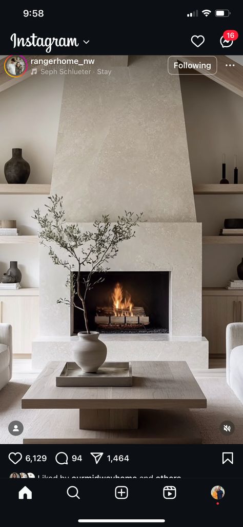 Stucco Fireplace With Hearth, Stucco And Stone Fireplace, Limewash Plaster Fireplace, Micro Cement Fireplace, White Stucco Fireplace, Microcement Fireplace, Organic Fireplace, Limewash Brick Fireplace, Farmhouse Fireplace Makeover