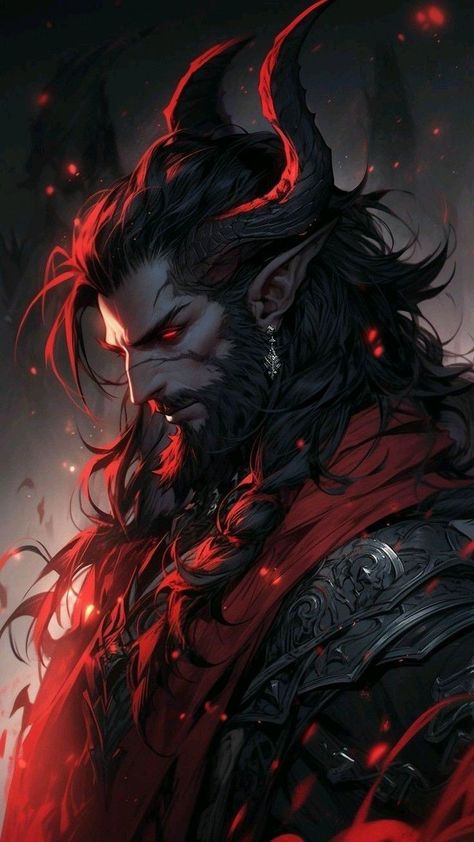 Qunari Male Art, Tiefling Werewolf, Half Demon Male, Demon Angel Hybrid, Demon Male Art, Demon Lord Art, Tiefling Male Art, Fire Elemental Male, Demon Man Art