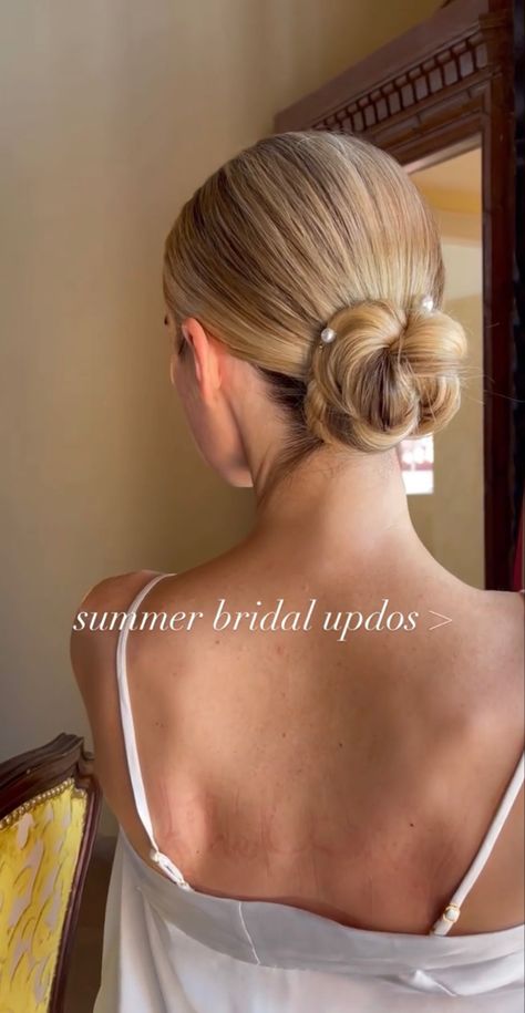 Sleek Bun Front View, Modern Bridal Hair Low Buns, Bridal Hair Updo Sleek Classy, Blonde Bun Wedding, Elegant Slicked Back Bun, Ribbon Wedding Hairstyles, Prom Hairstyles Slick Back Bun, Wedding Hair Pearls Updo, Slicked Bridal Hair