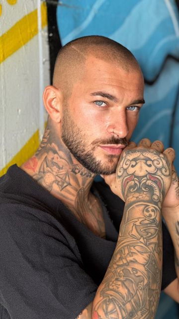 Mario Perozzi on Instagram: "Come on! 💣" Shaved Head Tattoo Men, Bald Men With Tattoos, Shaved Head With Mustache, Bald Tattooed Men, Bald Look Men Style, Bald Male Models, Beards For Bald Men, Tattooed Men With Beards, Bald Men With Beards Style