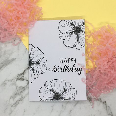 Letter Cards Design, Celebrate Card Ideas, Line Drawing Birthday Cards, Letter Design Ideas Cards Diy, Happy Birthday Cards Flowers, Hand Lettering Cards Ideas, Envelope With Flowers Drawing, Flower Watercolor Birthday Cards, Diy Card Drawing