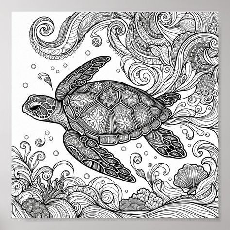 Immerse yourself in the serene beauty of the ocean with our intricate sea turtle coloring page, designed specifically for adults. Dive into a world of relaxation and creativity as you intricately color this majestic marine creature. Crafted to provide a therapeutic escape from the stresses of everyday life, this printable coloring page offers a peaceful way to unwind and express your artistic side. Simply download, print, and let your imagination soar as you infuse vibrant colors into this capti Turtle Zentangle, Sea Turtle Coloring Pages, Marine Life Drawing, Sea Turtle Mandala, Sea Turtle Illustration, Turtle Illustration, Turtle Coloring, Sea Turtle Design, Mandala Turtle