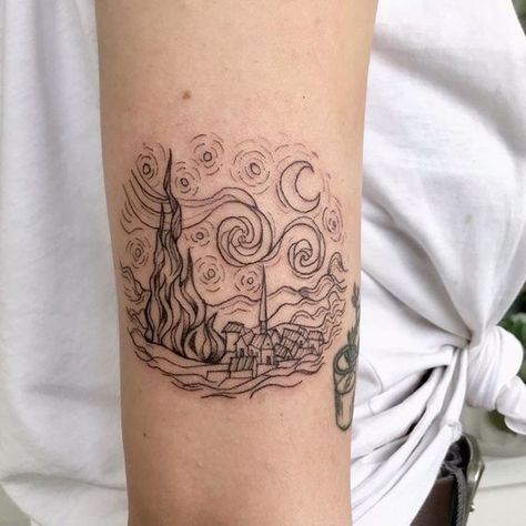 Starry Night Tattoo, Arm Tattoo Designs, Van Gogh Tattoo, Night Tattoo, Beautiful Tattoo, Arm Tattoos For Women, Next Tattoo, Dainty Tattoos, Arm Tattoos