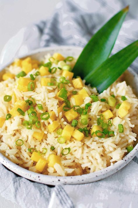 Pineapple Coconut Rice - KendellKreations Coconut Pineapple Rice Recipe, Coconut Pineapple Rice, Pineapple Rice Recipes, Coconut Jasmine Rice, Rice Bake Recipes, Rice Dishes Recipes, Luau Ideas, Pineapple Rice, White Rice Recipes