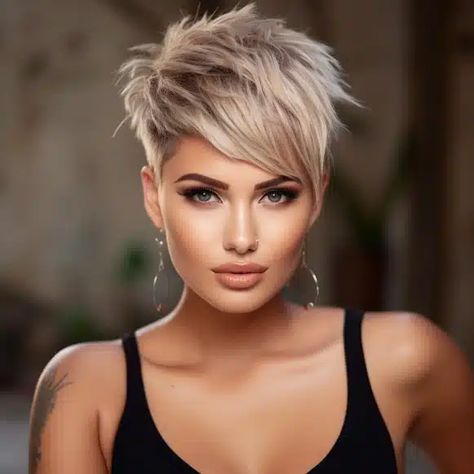 50 Trending Wispy Bangs Hairstyles to Try This Year Short Back Longer Front Hairstyle, Short Pixie Blonde Hairstyles, Pixie With Heavy Bangs, Flippy Pixie Haircut, Asymmetric Pixie Haircut, Short Edgy Hairstyles Pixies, Women’s Mohawk Haircut, Short Pixie With Long Bangs, Color For Pixie Haircut