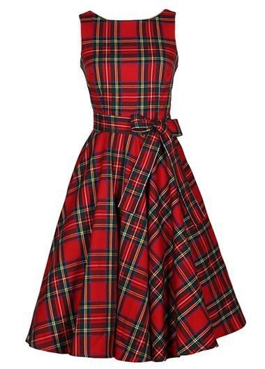 Red Tartan Dress, Red Dress Sleeves, Vestidos Retro, Midi Skater Dress, Red Plaid Dress, Red Sleeveless Dress, Club Party Dresses, Tartan Dress, Retro Mode