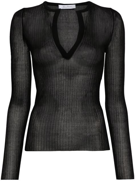 black silk ribbed knit semi-sheer construction V-neck long sleeves straight hem Where Is My Mind, Yoko London, The Embrace, Fall 24, Short Leggings, Heel Boots, Silk Top, Max Mara, Black Silk