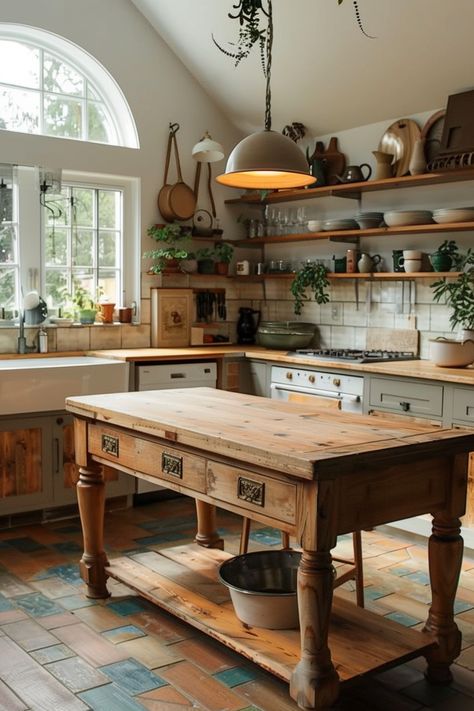 Unique Farmhouse Kitchen, Vintage Kitchen Island Farmhouse, Unique Kitchen Table, Bakers Table Kitchen Island, Vintage Table Kitchen Island, Eat In Kitchen Island Rustic, Old Table Kitchen Island, Kitchen Table In Kitchen, Country Kitchen Island Ideas