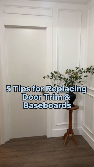 Ashley French | DIY-Reno-Decor on Instagram: "Here are my 5 Tips for Replacing Door Trim and Baseboards! Everything you need to know in one place! Updating your door frames and baseboards can give a home an all new look! Also checkout the highlight bubble on my profile called Door Trim for more details! #diy #homeimprovement #homerenovation #baseboard #walltrim" Replacing Trim In House, 2023 Baseboards, Replacing Trim Baseboards, Replacing Baseboards And Trim, Vintage Baseboards And Trim, Replacing Door Trim, Square Baseboard Trim, Diy Trim Baseboards, Baseboard Replacement