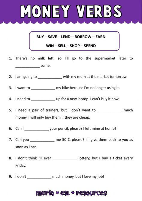 Vocabulary - Money Verbs worksheet Vocabulary Worksheets Elementary, Money Vocabulary, Esl Advanced, English Vocabulary Exercises, Middle School Grammar Worksheets, Money Monday, Esl Materials, Business Worksheet, Verbs Worksheet