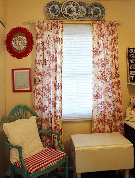 red toile curtains Red Toile Bedroom, Gustavian Bedroom, Red Toile Curtains, Curtain Color Ideas, Toile Chair, Curtains Yellow, Luxury Window Treatments, Toile Curtains, Chair Inspiration