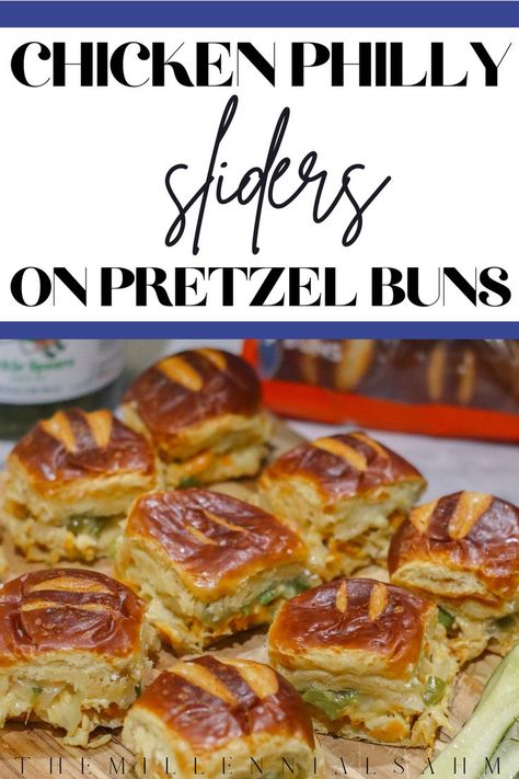 Philly Sliders, Pretzel Buns Sandwich, Pretzel Bun Sliders, Hawaiian Pineapple Chicken, Quick Party Food, Hawaiian Sandwiches, Pretzel Chicken, Easy Slider Recipes, Pretzel Buns