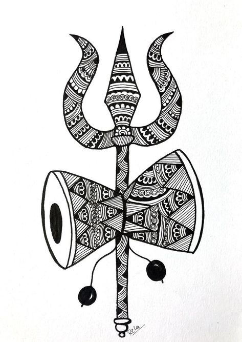 Shiva Mandala Art Drawing, Easy God Mandala Art, Mahadev Doodle Art, Mahadev Mandala Art Easy, Trishul Mandala Art, Mandala Art Mahadev, Shiva Doodle Art, Damru Drawing, Shiva Art Drawing Sketches Easy