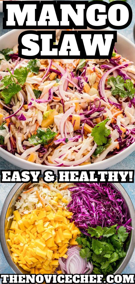 This Mango Slaw is a great side dish/salad that you can throw together in no time! With chopped mango and a little Sriracha, it's the ultimate mix of sweet and spicy. Slaw For Pulled Pork, Mango Slaw Recipes, Slaw For Tacos, Slaw For Fish Tacos, Bbq Side Dish, Mango Slaw, Pulled Pork Sandwiches, Slaw Recipe, Homemade Coleslaw