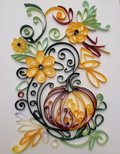 Paper Quilling & Paper Filigree Painting | My latest work. Pumpkin on a Vine. Quilled Pumpkin, Filigree Painting, Paper Filigree, Quilling Flowers, Paper Quilling Designs, Quilling Paper, Fall Projects, Quilling Designs, Fall Cards