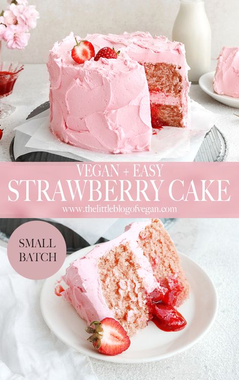 Vegan Vanilla Strawberry Cake, Vegan Strawberries And Cream Cake, Vegan Cake Ideas, Easy Vegan Birthday Cake, Dairy Free Strawberry Cake, Vegan Strawberry Dessert, Strawberry Vegan Cake, Vegan Cake Recipes Birthdays, Healthy Strawberry Cake