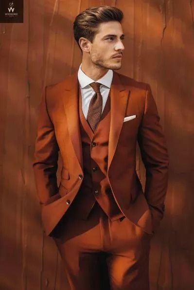 Three Piece Rust Color Suit for Men | eBay Wedding Suits Groom Orange, Nature, Rust Color Suit Men, Burnt Orange Mens Wedding Attire, Fall Men Suits, Burgundy Wedding Suits Men, Mens Wedding Suit Colors, Orange Suit Men Wedding, Rust Groom Suit