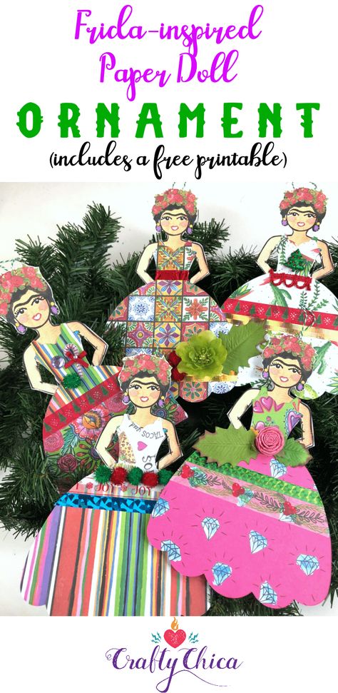 Frida Inspired Paper Doll Ornament + Free Printable - Crafty Chica™️ Freida Kahlo, Purple Christmas Tree, Doll Ornaments, Frida Art, Mason Jar Crafts Diy, Work Diy, Purple Christmas, Paper Dolls Printable, Scrappy Quilts