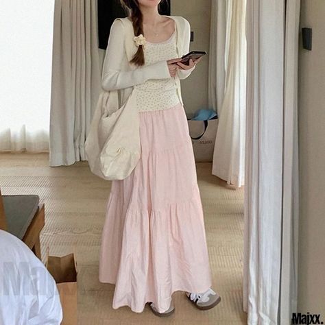 Sweet Delight Long Skirt with Ruffles Long Skirt Outfits Korean, Long Pink Skirt, Modest Girly Outfits, Skirt With Ruffles, Midi Skirt Pattern, Long Skirt Outfits, Modest Summer Outfits, Clothes Korean Style, Maxi Skirt Outfits