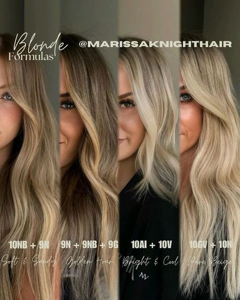 MARISSA | RENO HAIRSTYLIST on Instagram: "SUMMER BLONDES 👱🏼‍♀️   Using my all time favorite @oligopro Calura Gloss ✨  Soft & Sandy : 10NB + 9N  Golden Hour : 9N + 9NB + 9G  Bright & Cool : 10AI + 10V  Pure Beige : 10GV + 10N  Which one is your favorite?! Let me know below 🫶🏼  #oligopro #haircolors #hairstylist #colorformula #summerhair #summerhaircolor #summerhairgoals #hairtrends #blonde #blondebalayage #blondehighlights #balayage #balayagehighlights #bronde #brondehair #brondebalayage #marissaknighthair" Blonde Toner Formula Redken Shades, Blonde Balayage Formulas Redken, Shades Toner Formulas Blonde, Bellami Hot Toffee Blonde, Shades Blonde Formula, Redken Neutral Blonde Formula, Wheat Blonde Hair Highlights, Oligo Calura Hair Color, Oligo Calura Hair Color Formula