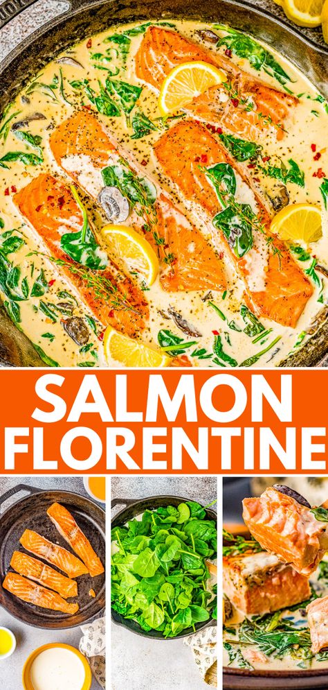 25-Minute Salmon Florentine - Averie Cooks Salmon Florentine Recipe, Salmon Florentine, Honey Lemon Salmon, Cilantro Lime Salmon, Spinach And Mushrooms, Averie Cooks, Parmesan Cream Sauce, Best Seafood Recipes, Healthiest Seafood