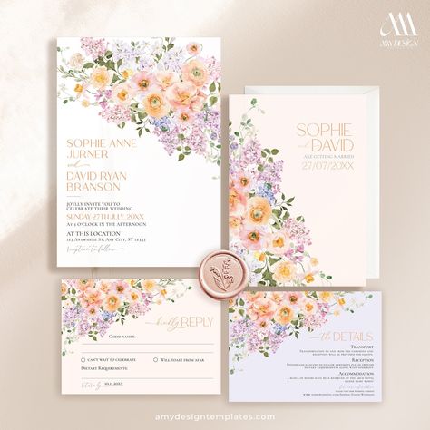 Spring Floral Wedding Invitation Template Editable, Bright Floral Garden Wedding Invitation Set, Wedding Invite Peach Purple Botanical E023 // WHAT IS INCLUDED 01 Set Includes:  - Invitation Card (Front & Back): 5x7" - RSVP: 5x3.5" - Details (Vertical + Horizontal): 5x3.5" - Wishing Well Card: 5x3.5" ADD-ON: Meal Icons   - DIGITAL DOWNLOAD: Please note you will receive a PDF Instruction file. Edit your items at Corjl.com right after purchasing.  // DEMO THIS ITEM NOW Copy and paste the URL below Spring Garden Wedding Invitations, Cottage Wedding Invitations, Colorful Floral Wedding Invitations, Wedding Floral Color Palettes, Garden Wedding Save The Date, Wedding Invites Floral, Garden Floral Wedding, Pastel Wedding Invites, Wedding Invitation Colorful