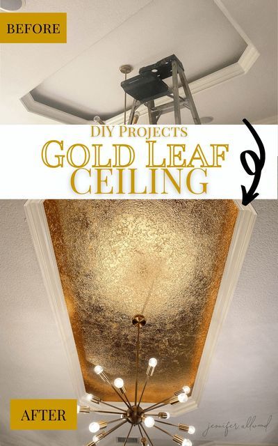 Back when I owned my decorative painting company, I was obsessed with gold leaf…and I’m still obsessed with gold leaf now. In this tutorial, I'm sharing how to use gold leaf primer and lay the sheets on a ceiling that you could use on your walls too! Golden Ceiling Design, Spa Ceiling Ideas, Gold Wallpaper Ceiling, Glitter Ceiling, Gold Leaf Ceiling, Living Room False Ceiling Design, Room False Ceiling Design, Room False Ceiling, Golden Ceiling