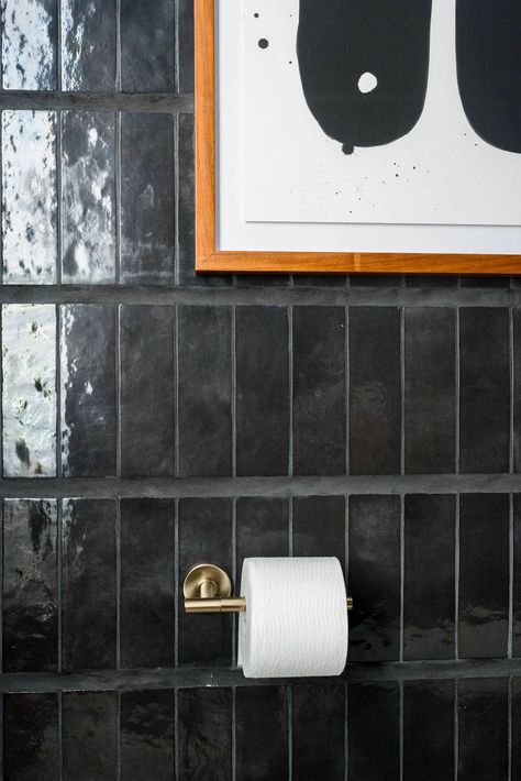 Modern Powder Bath, Powder Room Tile, Black Wall Tiles, Bathroom Renovation Cost, Modern Powder Rooms, Modern Powder Room, Powder Room Remodel, Laundry Room Flooring, Powder Room Decor