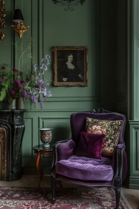 33 Stunning Sage Green Bedroom Ideas Feminine Bedroom Ideas, Dark Purple Walls, Witchy Bedroom Ideas, Dark Feminine Bedroom, Sage Green Bedroom Ideas, Green Bedroom Ideas, Feminine Room, Purple Living Room, Purple Home Decor