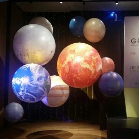 Planet Decorations Space Theme, Vbs Space, Planet Balloons, Moon Stages, Space Party Decorations, Shoe Store Design, Moon Earth, Full Moon Party, Moon Party