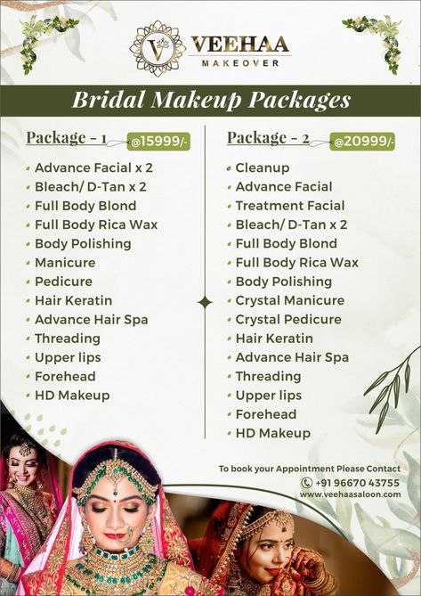 Salon Packages Ideas, Salon Course Poster, Bridal Makeup Package Ideas, Beauty Brand Ideas, Bridal List, Pre Bridal Packages, Artist Career, Beauty Salon Price List, Groom Makeup