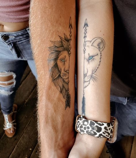 Lions Couple Tattoo, Lion Lioness Tattoo Couple, Best Couple Tattoos True Love, Matching Lion Tattoos Couples, Lion Couple Tattoo, Small Couple Tattoos With Meaning, Couples Lion Tattoo, Klaus Tattoo, Tattoo Relationship