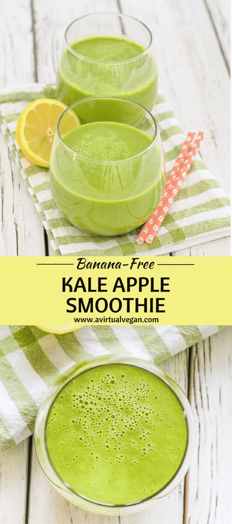 This Kale Apple Smoothie is quick & easy to make, full of good for you ingredients & will help get your day off to a great start. And for you banana haters out there, it's banana free! Alkine Diet, Apple Smoothie Recipes, Kale Smoothie Recipes, Banana Apple Smoothie, Banana Diet, Vegan Smoothie Recipes, Apple Smoothie, Vegan Breakfasts, Kale Smoothie