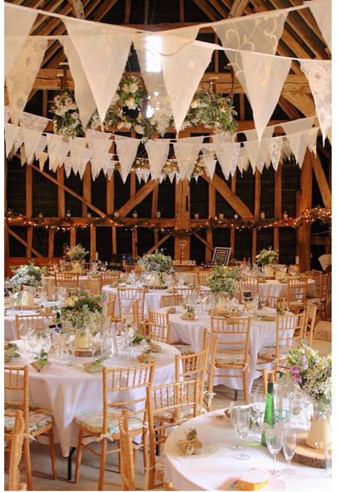 Rustic Pastel Wedding, Rustic Wedding Decor Lavender, Wedding Barn Decorations, Barn Wedding Decor, Barn Party, Rag Bunting Wedding, Paper Lanterns And Bunting Wedding, Hanging Lights In Barn Wedding, Wedding Bunting Rustic