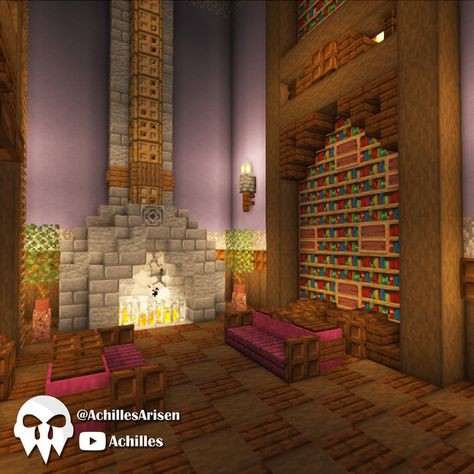 Minecraft Fire Places, Medival Interior Minecraft, Minecraft Mansion Interior Ideas, Library Design Minecraft, Hallway Ideas Minecraft, Minecraft Fancy Interior, Minecraft Ceiling Design Interior, Midevil Minecraft Interior, Minecraft Foyer Ideas