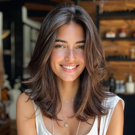 Short Brunette Hair Layers, Face Framing Collarbone Length Hair, Thick Wavy Hair Short Haircut, Short Thick Layered Hair, Subtle Layers Haircut, Summer Haircuts 2024 Short, Selena Gomez Hair Medium, Medium Length Haircut For Heart Face, Short Layers Haircuts For Medium Hair