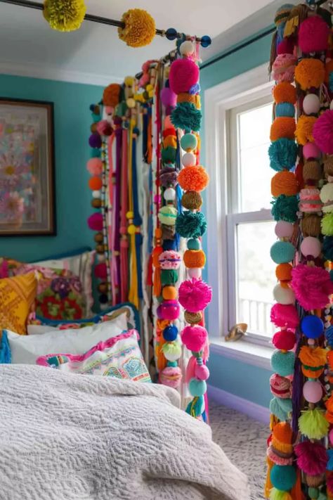 Playful colorful pom-pom curtains add whimsy and a pop of color to boho bedrooms. Fun and light-hearted, they brighten any space. Tap to see more whimsical curtain ideas! #InteriorInspo #HomeInspiration #DecorInspiration #HomeDecor #HomeIdeas #DecorTips #HomeStyle #HomeDecorating #InteriorDesign #HouseGoals Mexican Cabin, Maximalist Bedrooms, Pom Pom Curtains, Cortinas Boho, Quirky Kitchen, Girly Apartment Decor, Backyard Seating, Maximalist Decor, Curtain Ideas