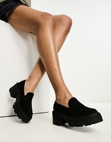 Shoes by ASOS DESIGN These shoes + you = solemates Slip-on style Almond toe Chunky sole Low block heel Tie Heels, Expensive Shoes, Block Sandals, Ankle Tie Sandals, Chunky Loafers, Black Dress Shoes, Platform Loafers, Block Heel Shoes, Platform Heels Chunky