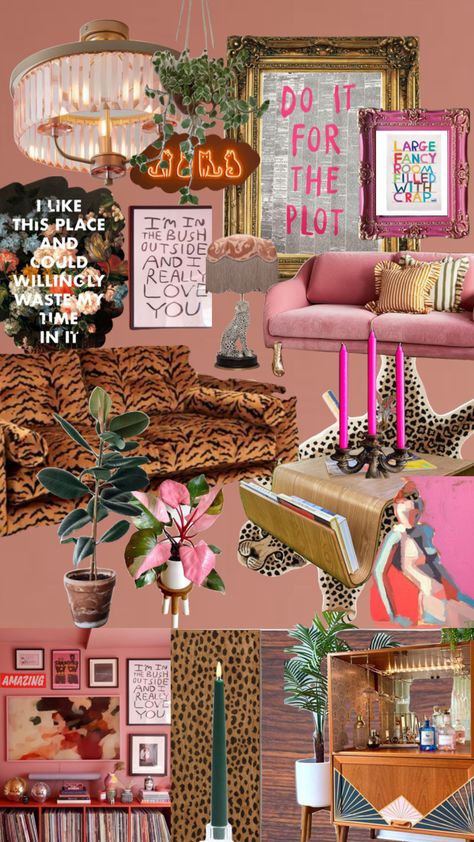 Feminine Boho Decor, Glam Eclectic Decor, Soft Girly Room Aesthetic, Eclectic Bedroom Pink, Eclectic Study Room, Funky Boutique Interior, Leopard Room Aesthetic, Maximalist Mood Board, Dolly Parton Themed Room