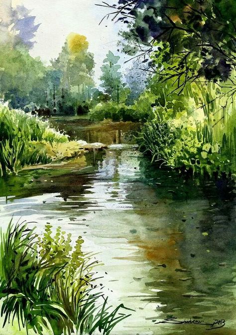 Watercolor landscape forest stream river water Watercolour Landscape, 수채화 그림, Watercolor Landscape Paintings, Watercolor Trees, Watercolor Inspiration, Water Painting, Colorful Landscape, Watercolor Techniques, Watercolor Landscape