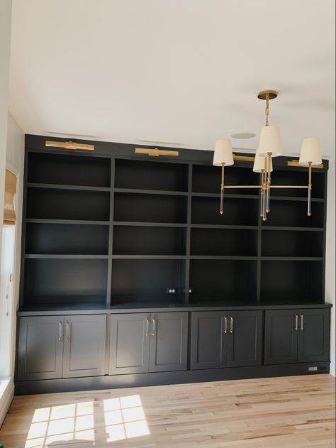 Full Height Built In Bookcase, Dark Gray Built In Bookshelves, Craftsman Built In Bookshelves, Black Library Shelves, Office With Tall Ceilings, Black Bookshelves Office, Wall To Wall Library, White Built Ins With Dark Background, Home Library Shelves