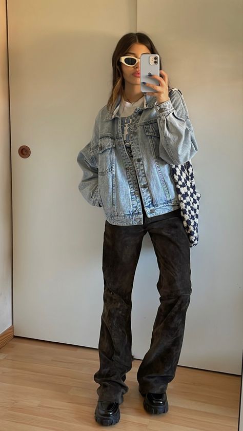 denim jacket, loafers, leather pants, crochet bag, sunglasses Aesthetic Denim Jacket Outfit, Denim Jacket Outfit Aesthetic, Fall Denim Jacket, Denim Jacket Fits, Rock Concerts, Denim Jacket Outfit, Rock Concert, Jacket Outfit, Dream Style