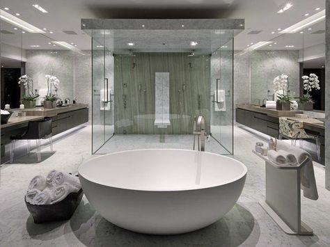 large modern bathroom with glass shower and round tub Drømme Bad, Luxury Master Bathrooms, Bad Inspiration, Gorgeous Bathroom, Dream Bathrooms, Dream Bathroom, Bath Tub, White Bathroom, Contemporary Bathroom