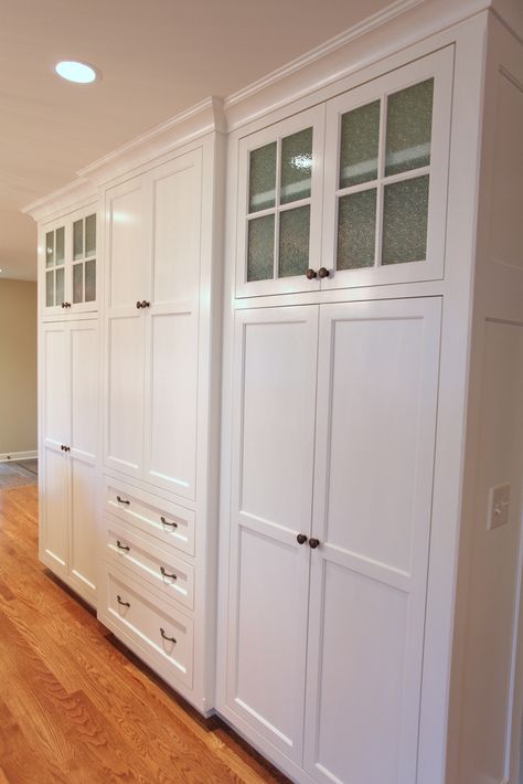 When possible it's great to sneak in a wall of tall storage. This section of cabinets has more storage capacity than the entire previous kitchen. Built In Storage Wall Mudroom, Kitchen Wall Storage Cabinets, Autumn Porch, Kitchen Built In, Tall Bathroom Storage Cabinet, Wall Storage Cabinets, Kitchen Wall Storage, Built In Pantry, Romantic Bedroom Decor