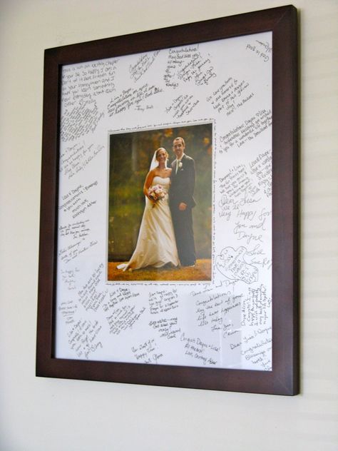 our wedding "guestbook" Sign Picture Frame Guest Books, Wedding Guest Book Display, Signed Picture Frame Guest Books, Guest Book Photo Frame, Wedding Guest Book Picture Frame Sign, Wedding Guest Book Frame, Guess Book Ideas For Wedding, Picture Wedding Guest Book, Picture Frame Guest Book